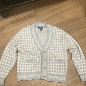 Aqua Light Blue and White Plaid Cardigan